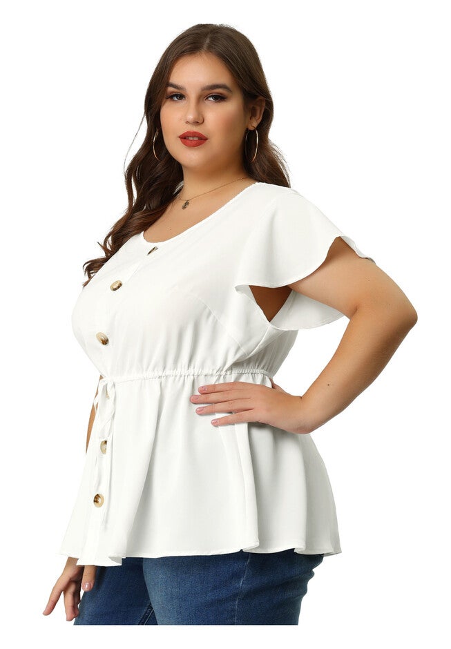 Peplum Button Decor Drawstring Waist Flare Sleeve Blouse Top, White / White, alternate image number 3