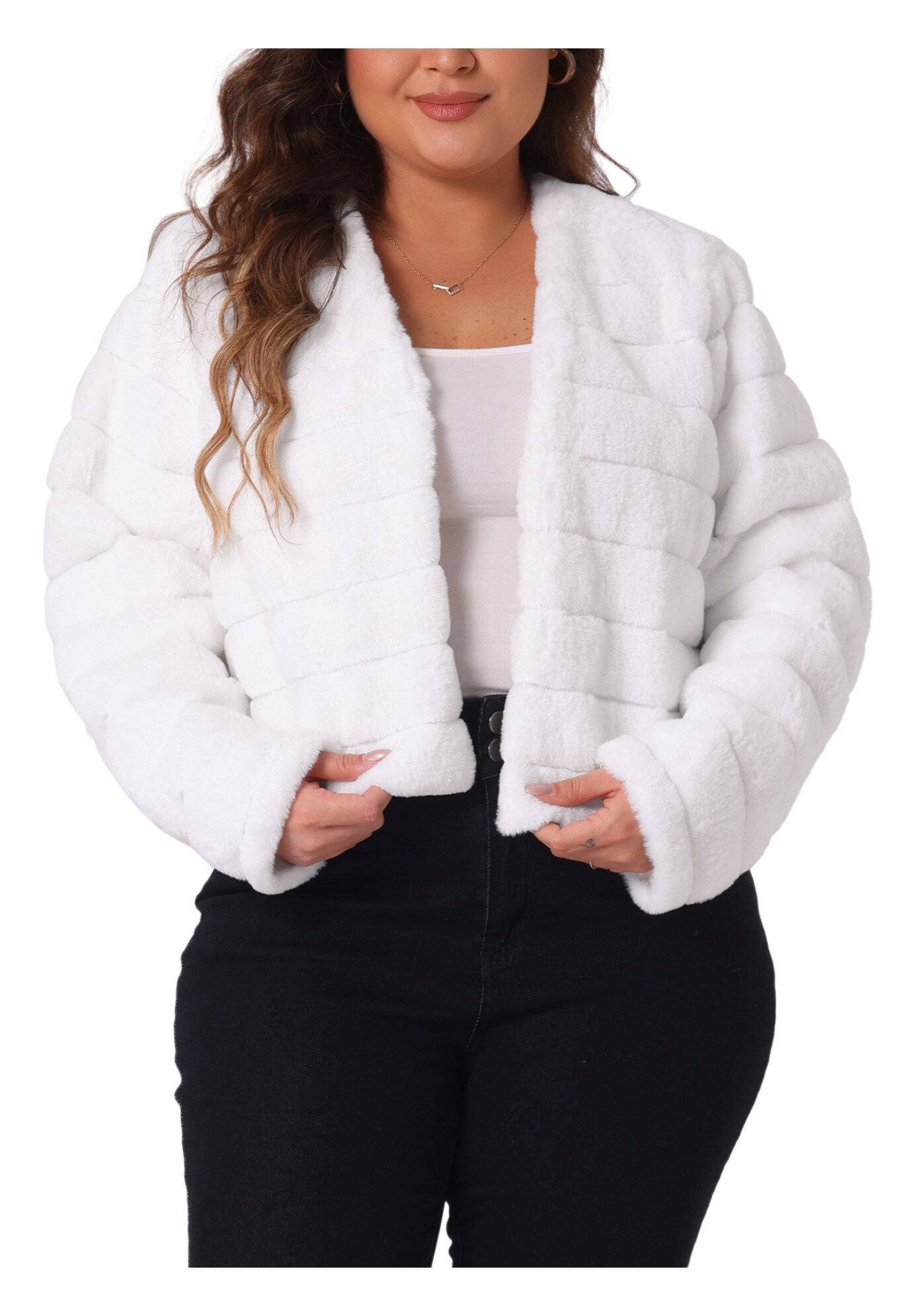 OPEN FRONT CROPPED FAUX FUR WINTER FLUFFY JACKET, White / White, alternate image number 2