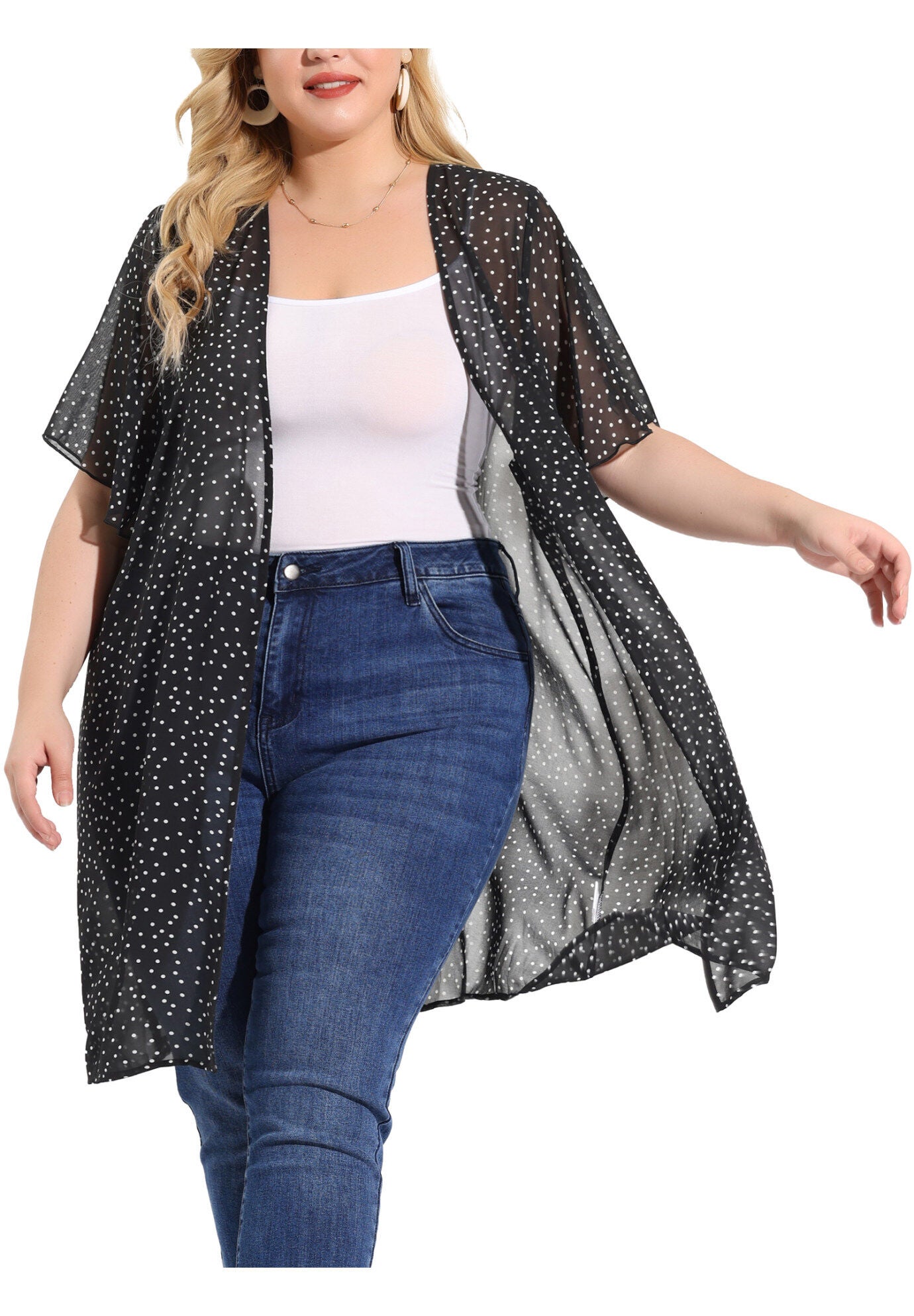 SHORT SLEEVE BIKINI POLKA DOTS KIMONO COVER UP, Black / Black, alternate image number 2