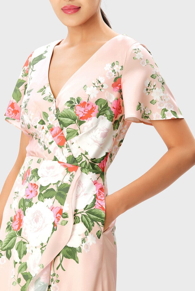 Floral Print Satin Faux-Wrap Dress, , alternate image number null