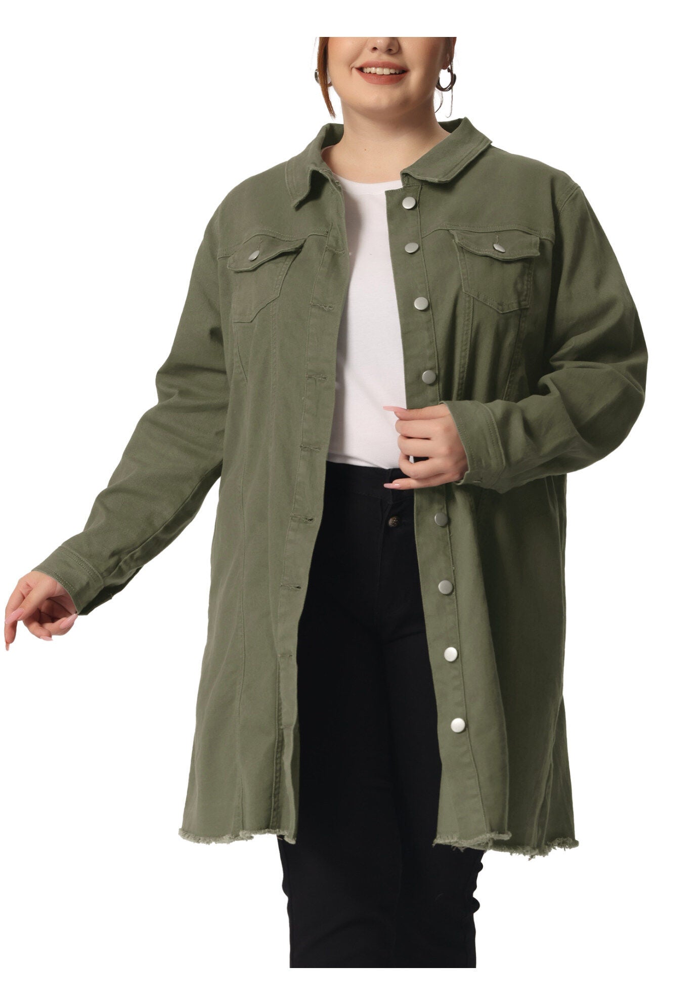 DISTRESSED BUTTON UP POCKET LONG DENIM JACKET, Green / Olive Green, alternate image number 2