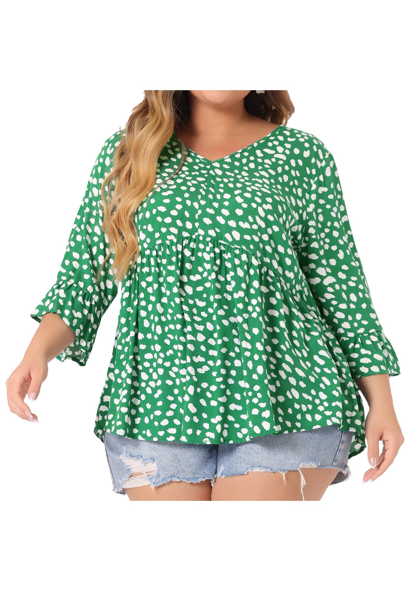 Polka Dots Blouse 3/4 Ruffle Sleeve Peplum Top, Green / Kelly Green, alternate image number 4
