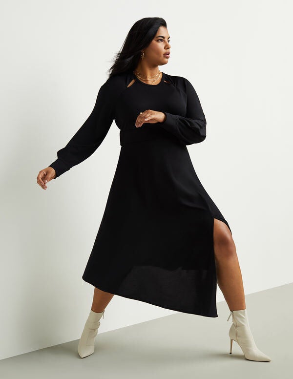 Banded-Waist Midi Dress, Black / Black, hi-res image number 0