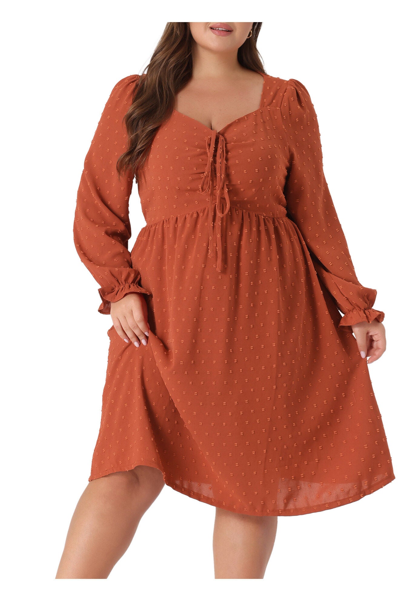 Swiss Dots Long Sleeve Sweetheart Neck Ruffle Tiered Midi Dress, Caramel / Brown, alternate image number 1