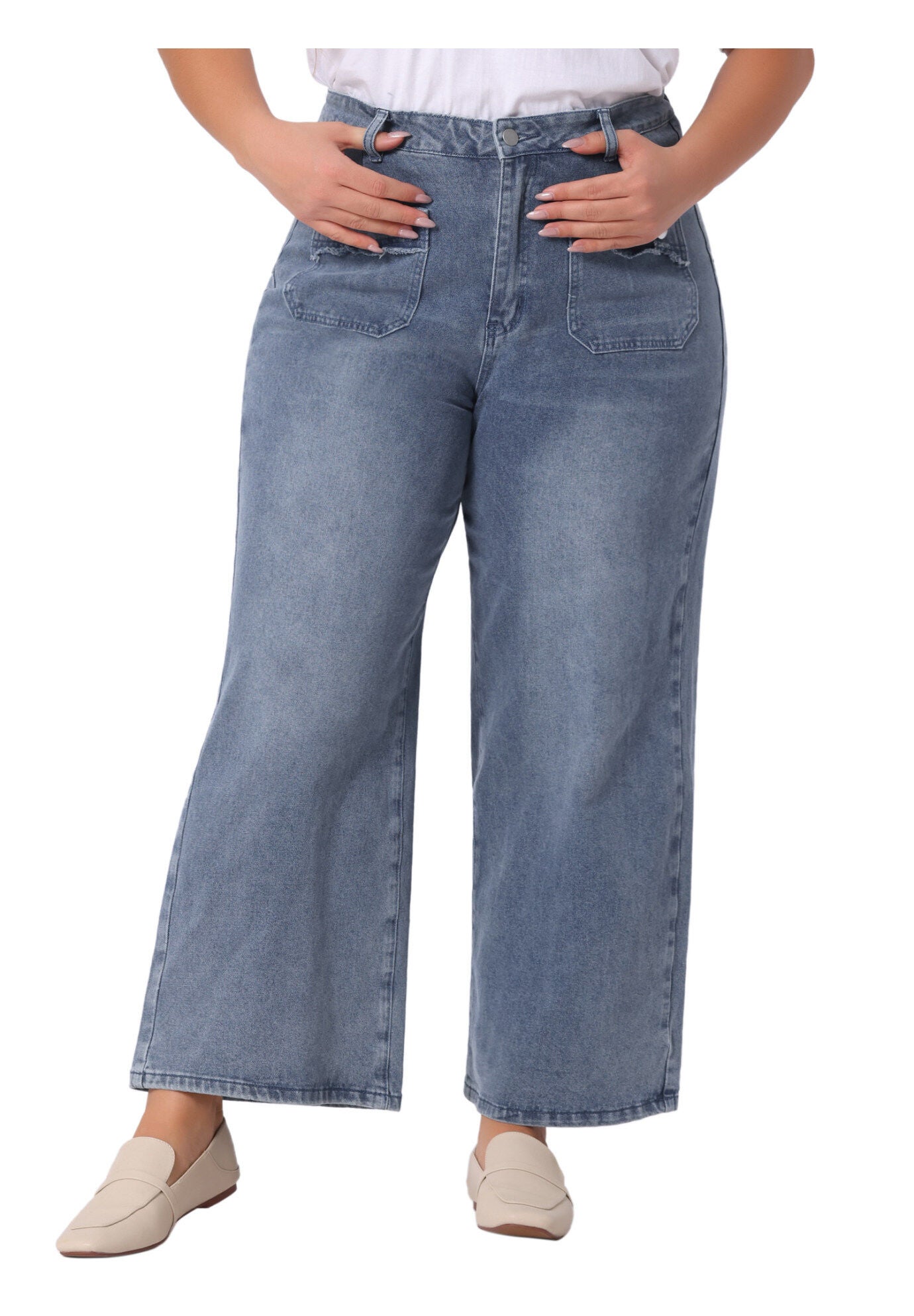 WIDE LEG WASHED STRETCHY PALAZZO PANTS DENIM JEANS, Grey Blue / Dusty Blue, alternate image number 2