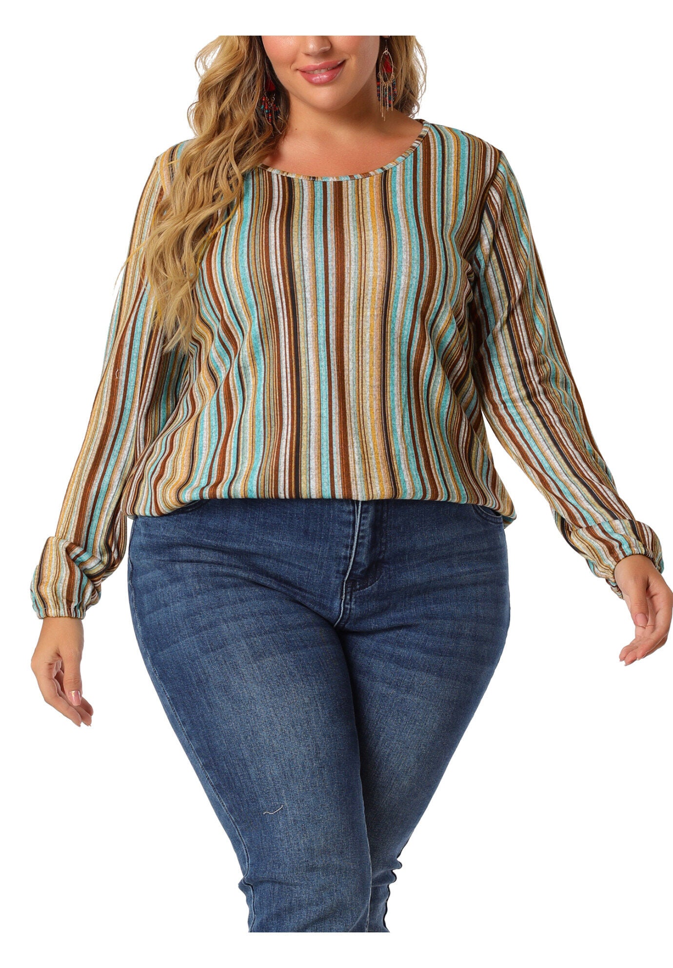 Boho Color Block Elastic Cuff Long Sleeve Striped Top, Multicolor / Turquoise, alternate image number 1
