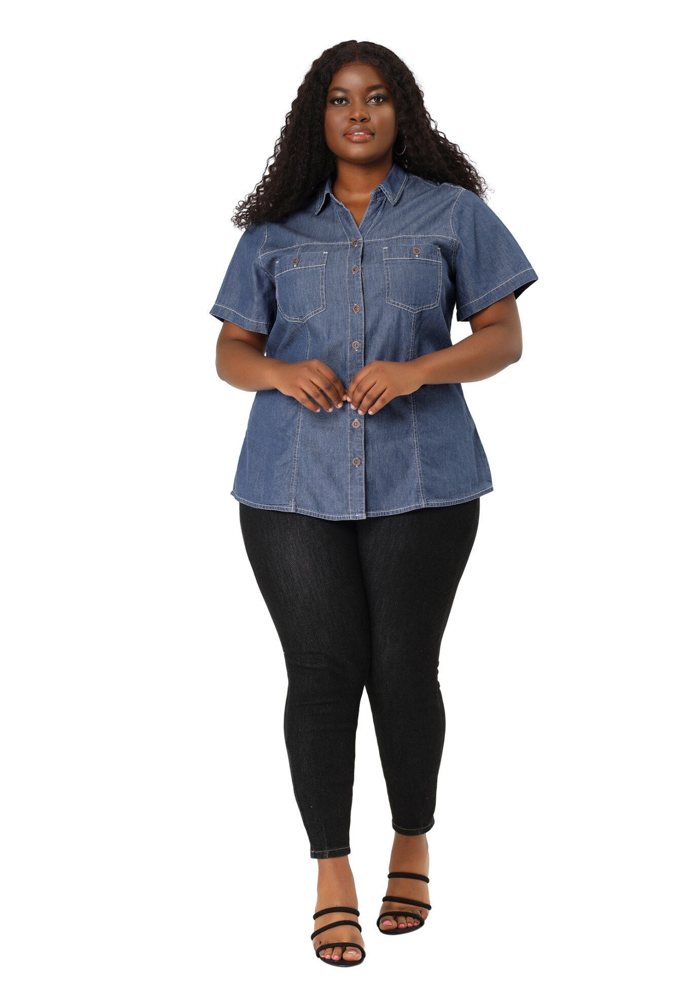 Short Sleeve Chambray Button Down Denim Shirt, Blue / Chambray Denim Medium, hi-res image number 0