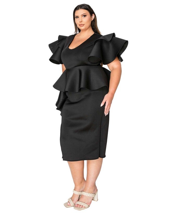 KIRA NEOPRENE PEPLUM DRESS, Black / Black, alternate image number 1