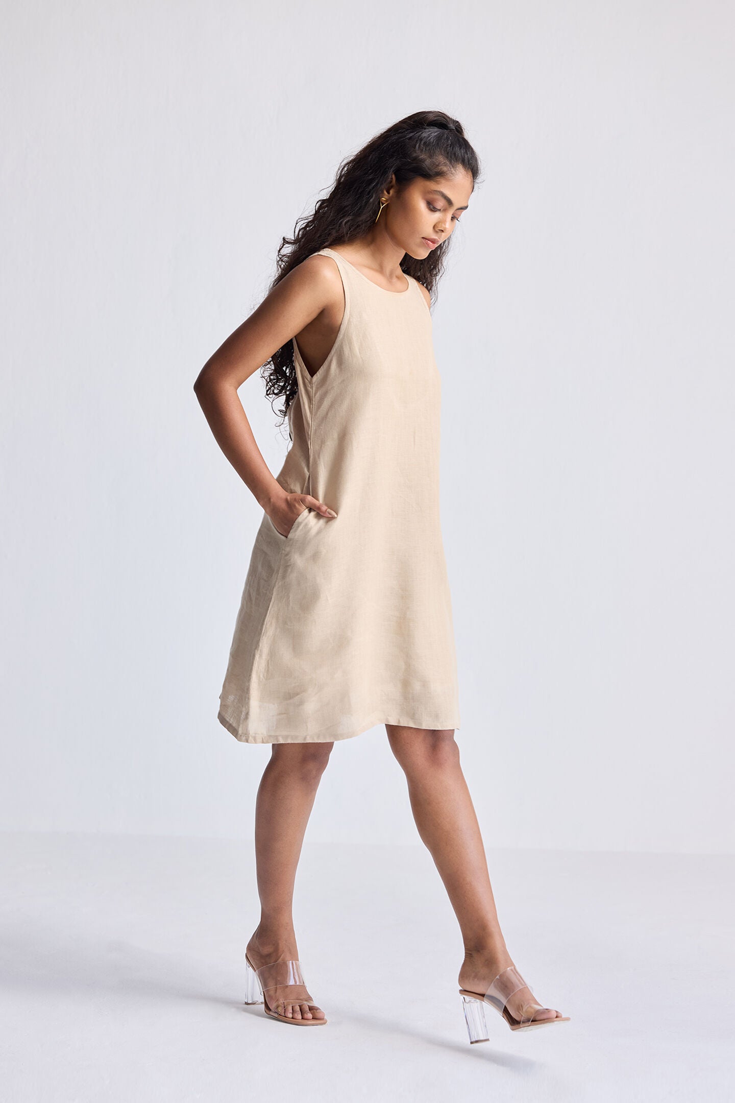Hemp Short Dress with Back Embroidered Lace Detail, Neutral Beige / Beige, alternate image number 2