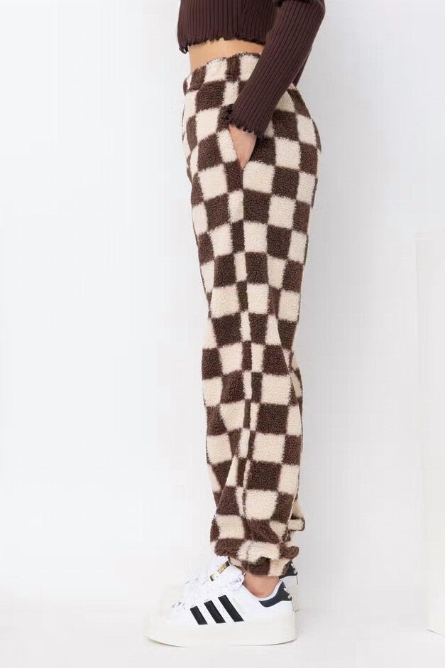 Checkered Print Teddy Joggers In Cream And Brown, , alternate image number null