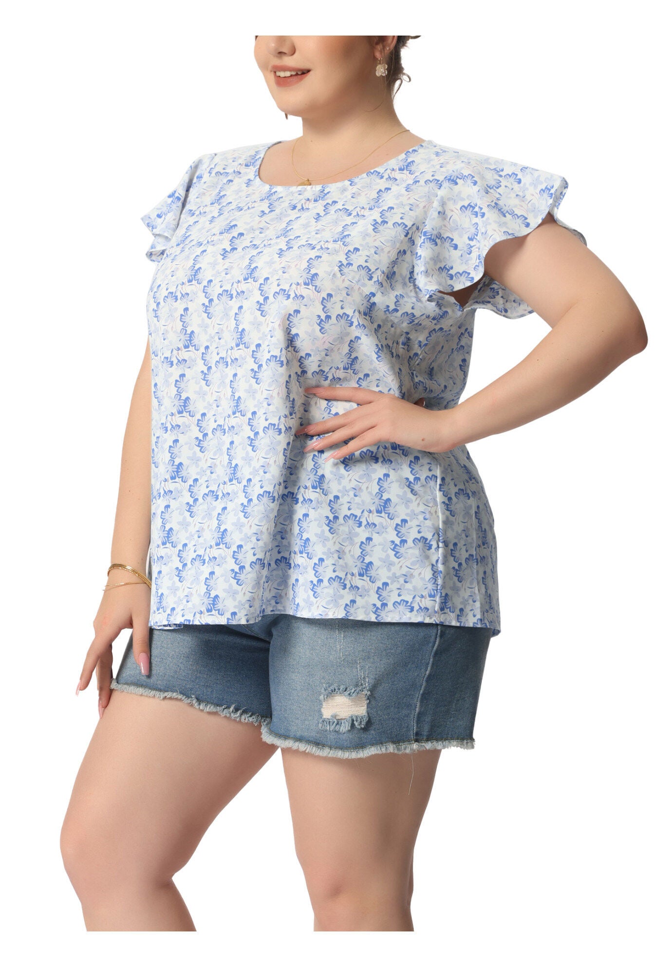 Summer Top Floral Round Neck Short Sleeves Ruffle Blouse, Blue White / Light Blue, alternate image number 2