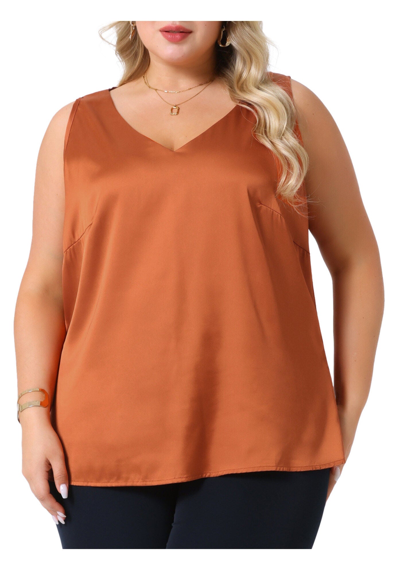 Satin Tank Top V Neck Casual Sleeveless Cami, Caramel / Tan, alternate image number 1