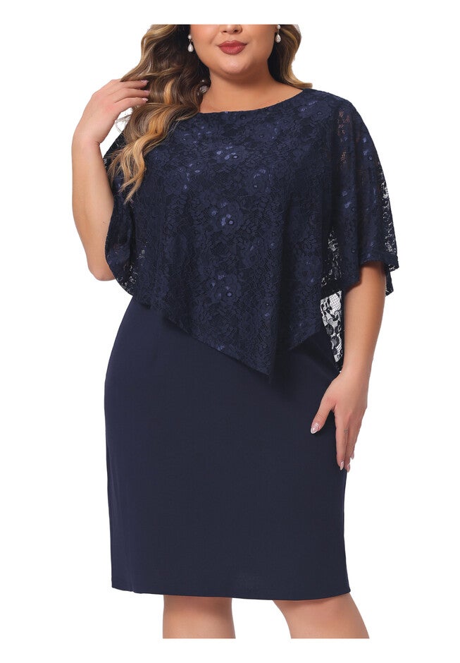 Lace Overlay Bodycon Pencil Cape Dress, Dark Blue / Navy, alternate image number 1