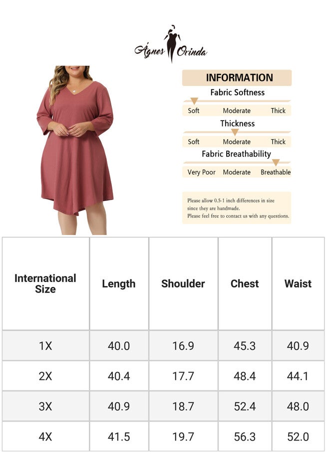 V Neck 3/4 Sleeve Swing Loose A-Line Midi Dress, Pink / Coral, alternate image number null