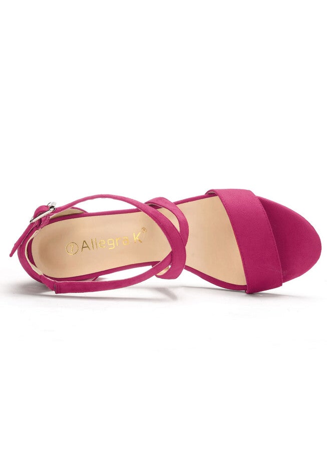 Open Toe Cross Strap Mid Block Heel Sandals, Hot Pink / Deep Fuchsia, alternate image number 3