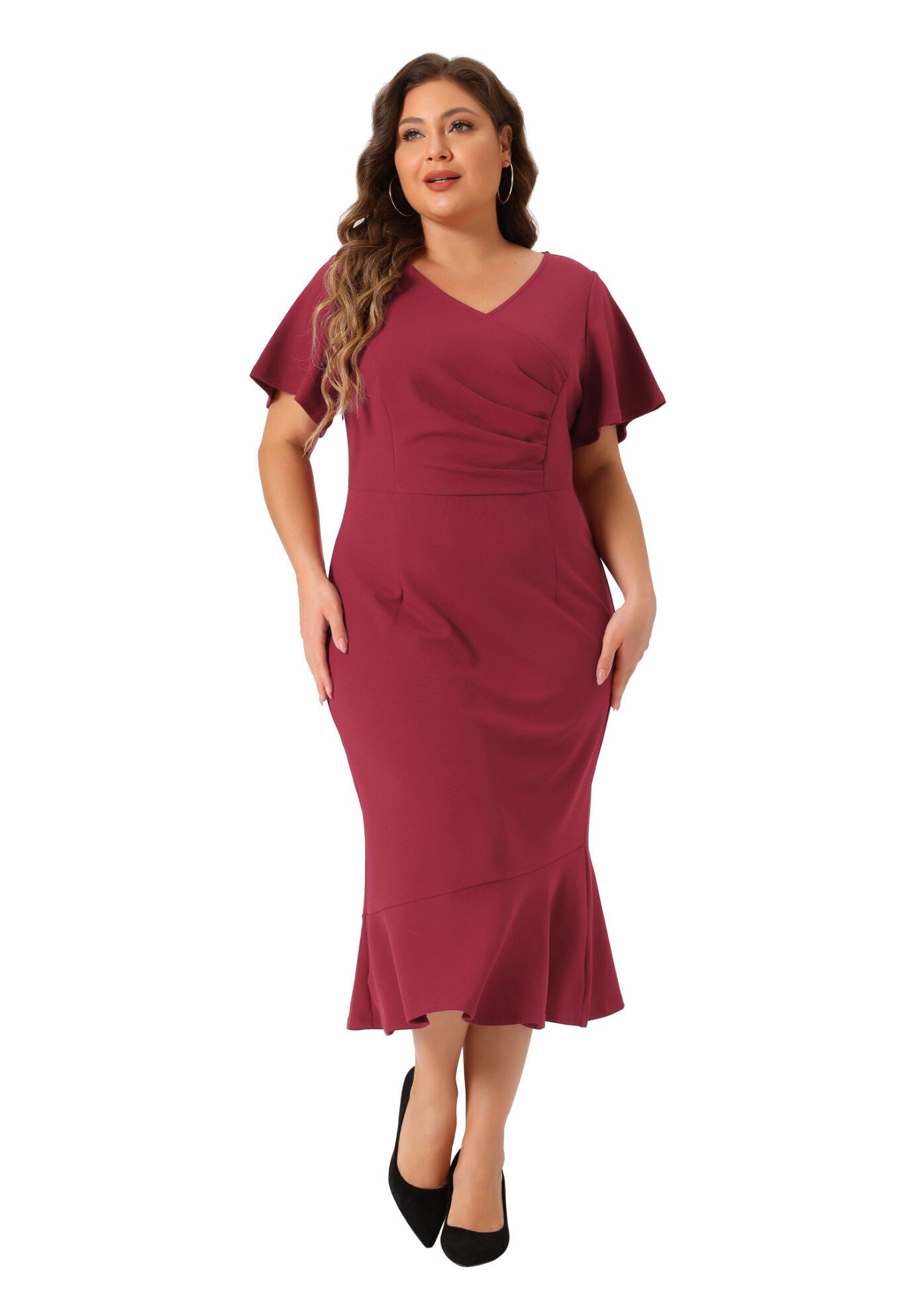 V Neck Ruffled Short Sleeve Cocktail Wrap Dress, Burgundy / Burgundy, hi-res image number 0