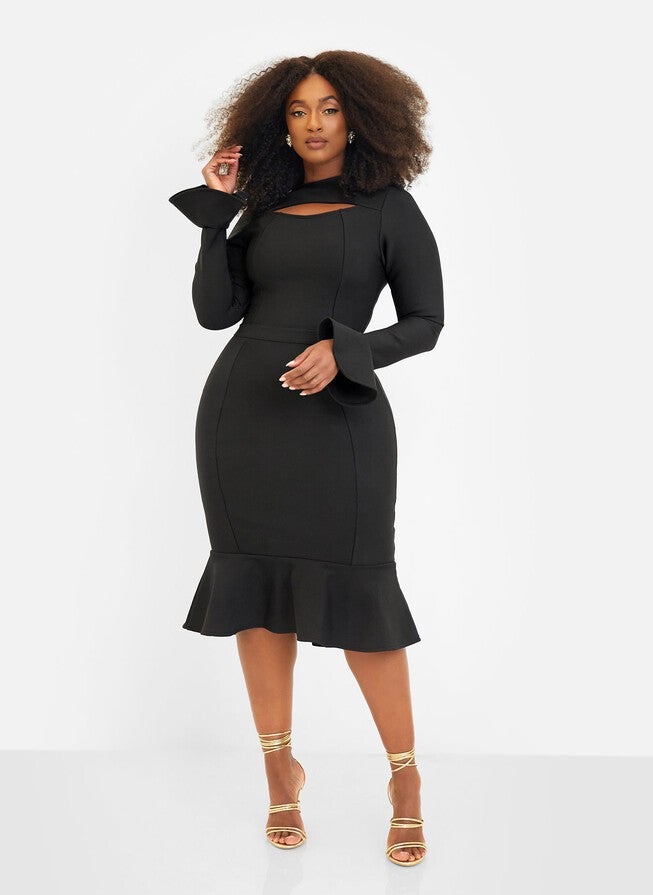 Amie Bandage Bell Sleeve Midi Bodycon Dress - Black, Black / Black, hi-res image number 0