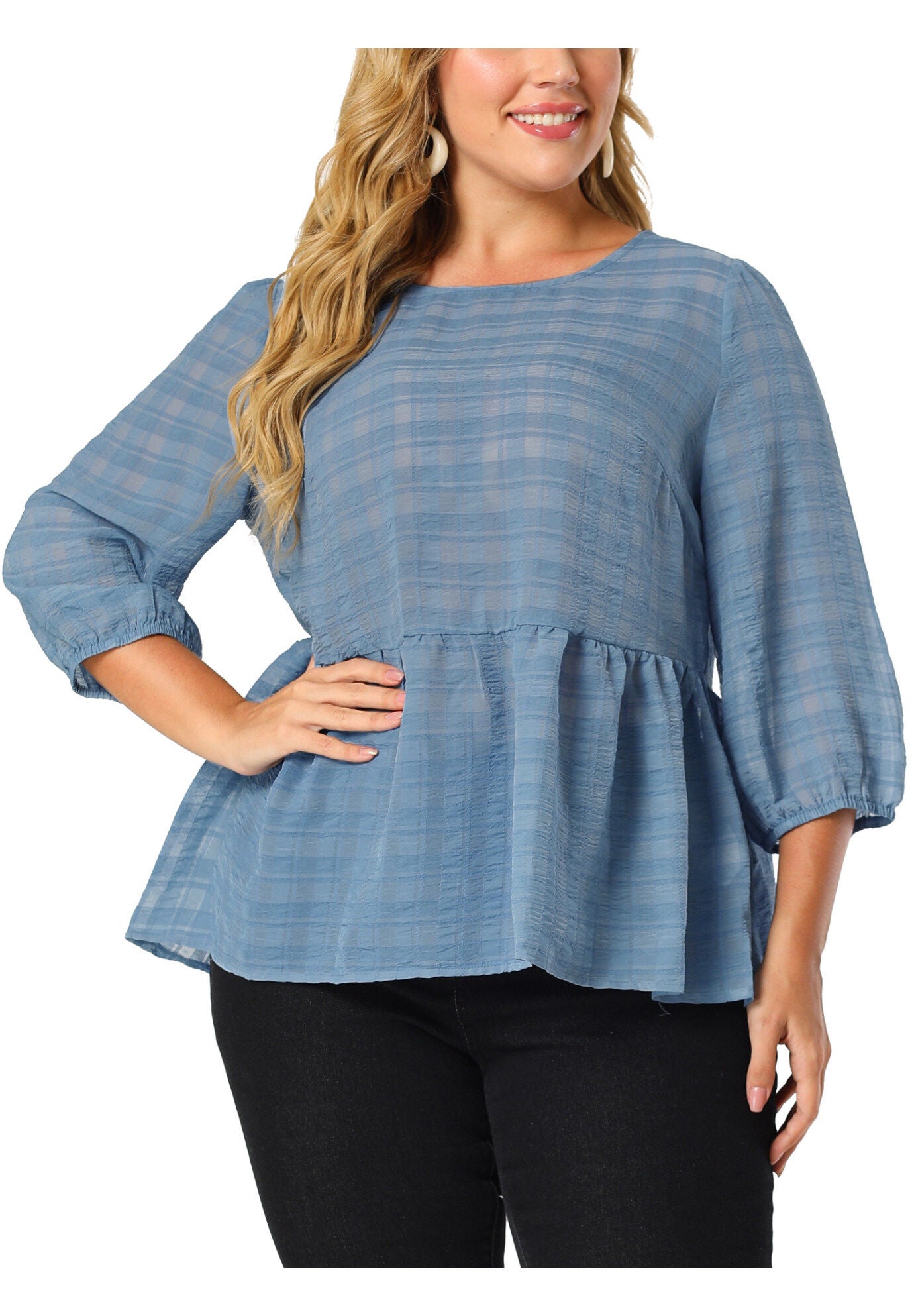 Babydoll Blouse Round Neck 3/4 Puff Sleeve Tiered Peplum Top, Blue / Dusty Blue, alternate image number 2