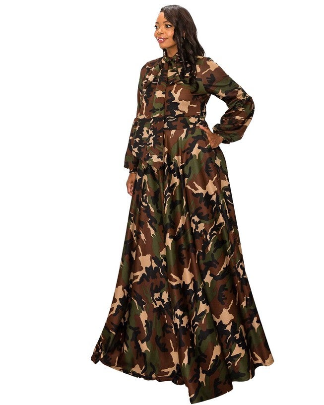 CAMO BELLA DONNA DRESS WITH RIBBON AND PUFFED OUT SLEEVES, , alternate image number 3