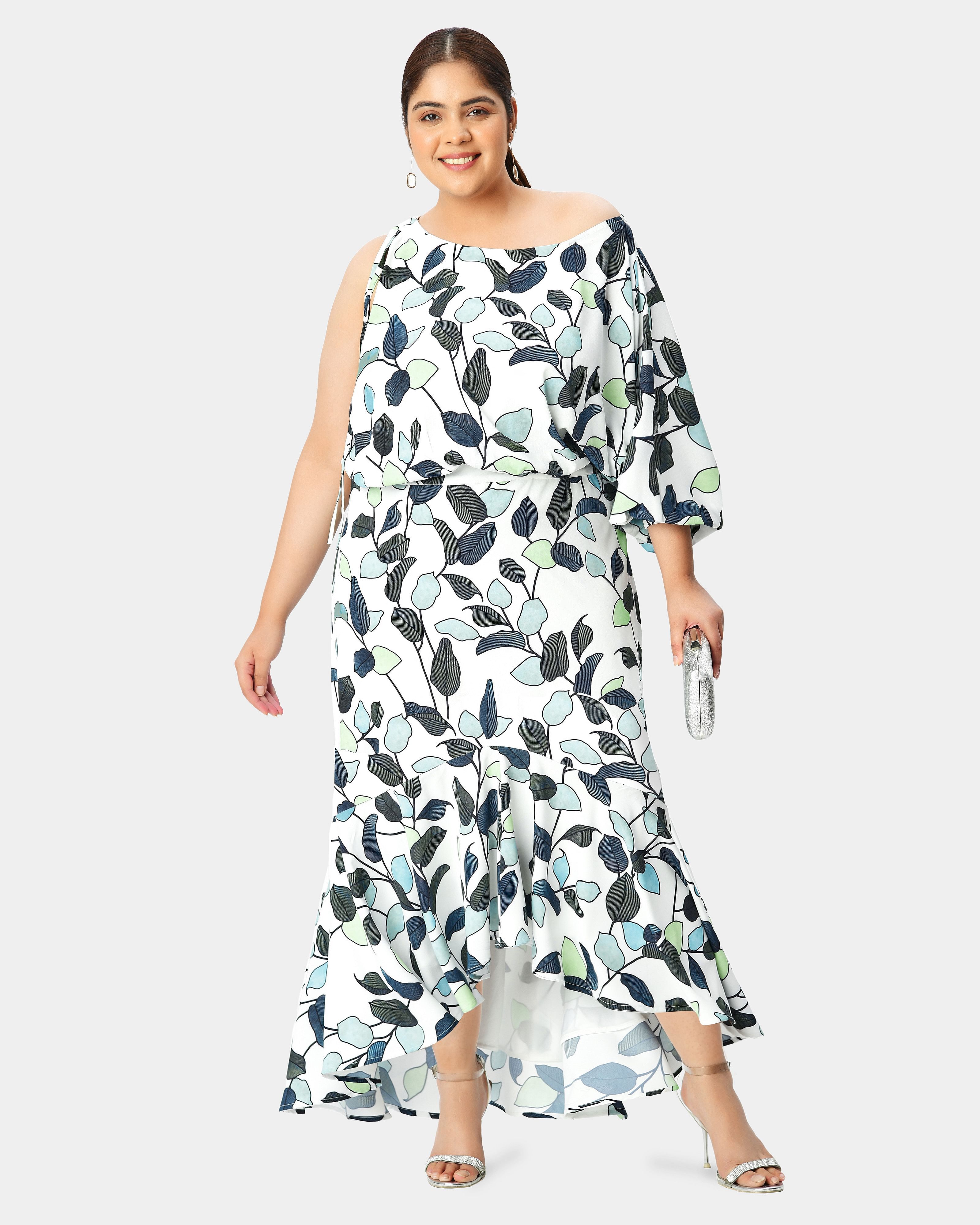 Single sleeve asymmetric leaf print crepe high-low asymetric dress, White / White, hi-res image number 0