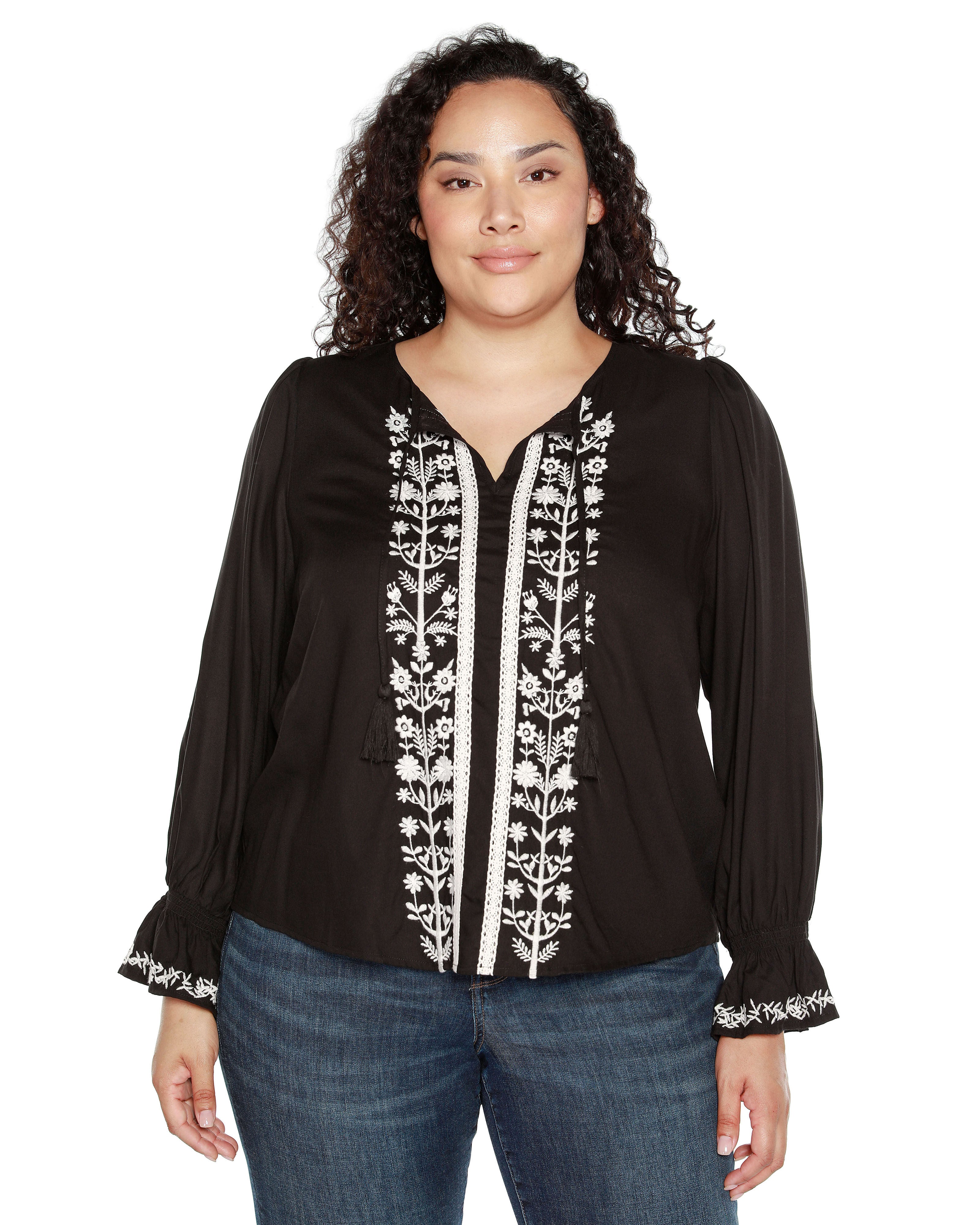 TIE-NECK EMBROIDERED-FRONT BLOUSE, Black / Black, hi-res image number 0