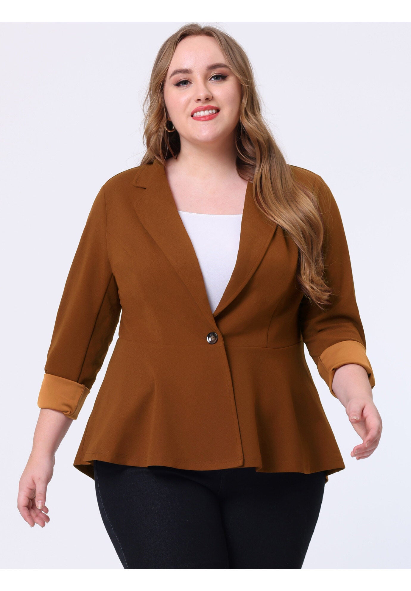 RUFFLE V NECK BUTTON NOTCH PANEL PEPLUM BLAZER, Brown / Brown, alternate image number 4