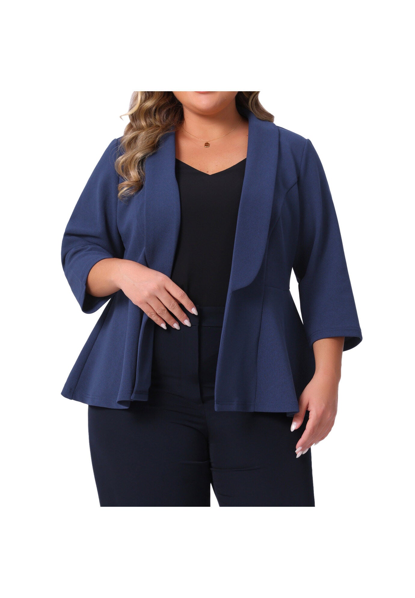 3/4 Sleeve Peplum Lapel Work Cardigan Blazer, Navy Blue / Navy, alternate image number 2