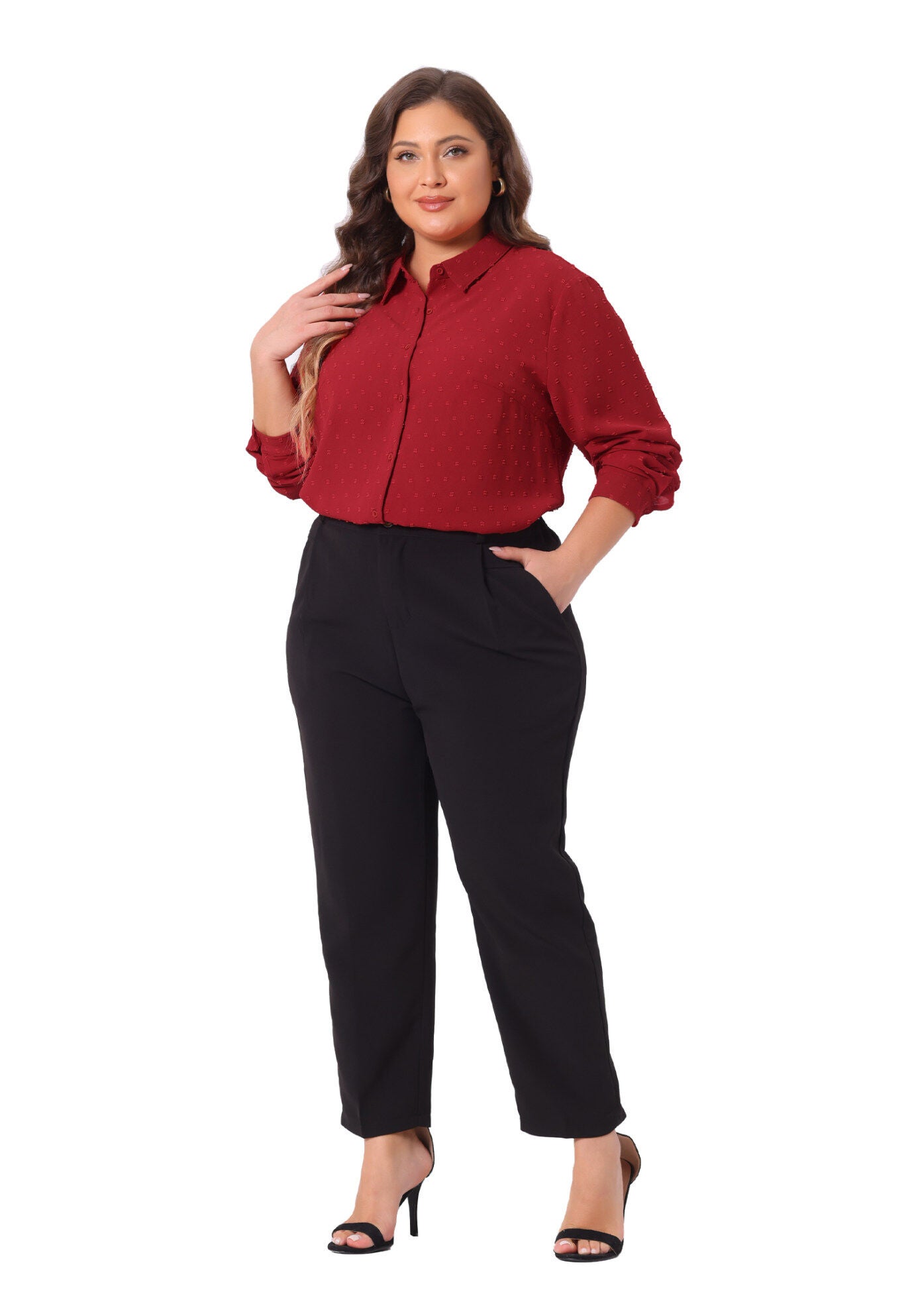 Swiss Dots Long Sleeve Button Down Shirt Blouse, Red / Red, hi-res image number 0