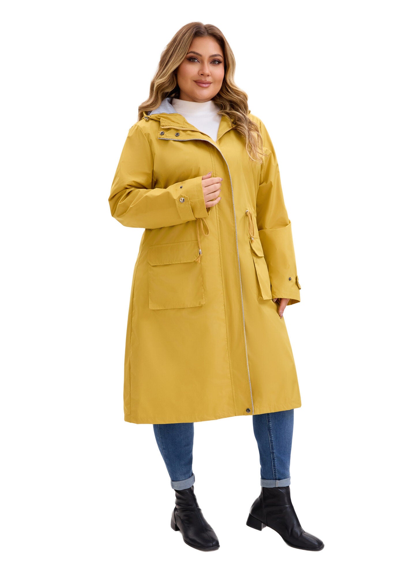 Drawstring Waist Zipper Waterproof Rain Windbreaker Jacket, Yellow / Yellow, hi-res image number 0