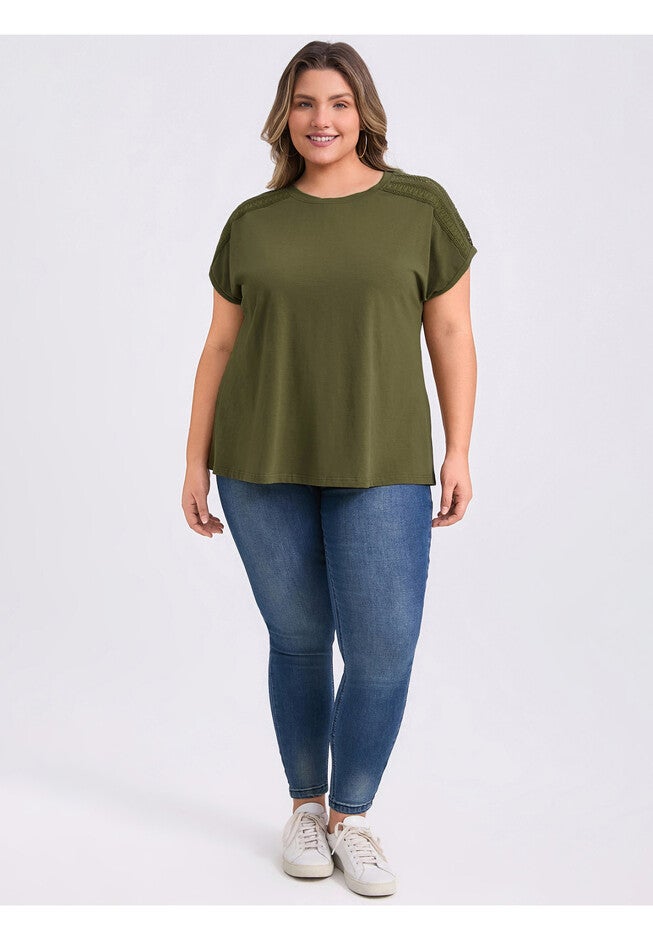 Crew Neck Crochet Lace Trim Shoulder Short Sleeve Blouse, Army Green / Olive Green, hi-res image number 0