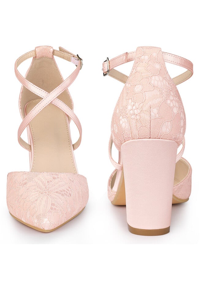 Crisscross Straps Block Heels Lace Pumps, Pink / Pink, alternate image number 1