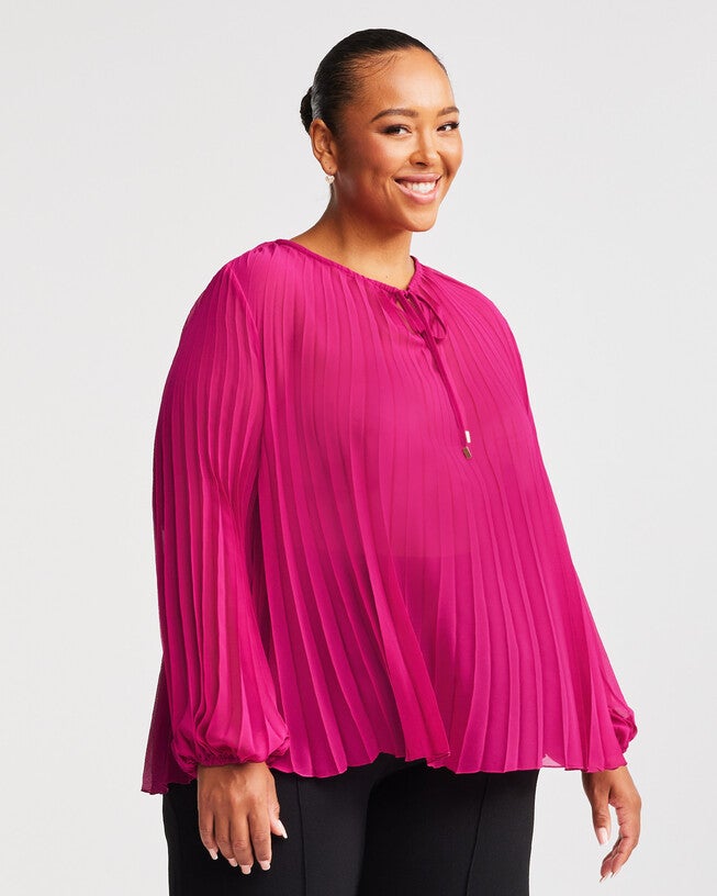 Larissa Pink Pleated Balloon-Sleeve Blouse, Boysenberry / Magenta, alternate image number null