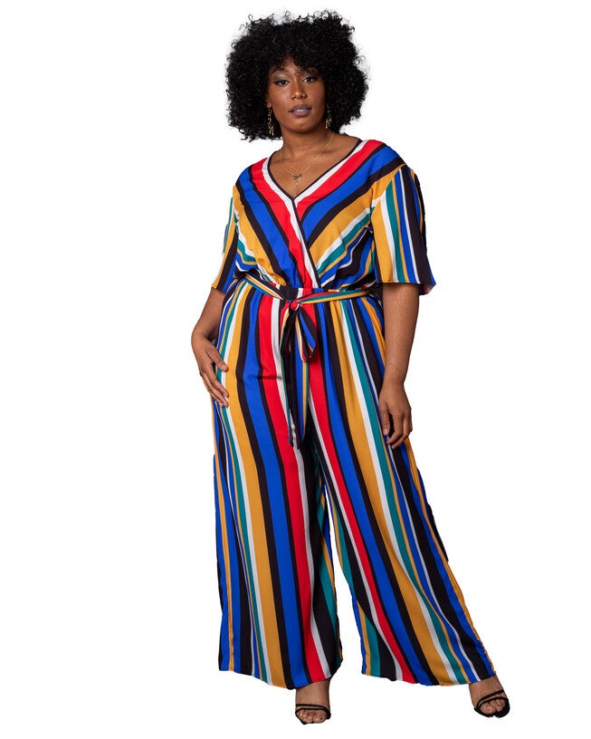 Havana Colorful Stripe Wrap-Front Jumpsuit, Multicolor bold stripe / Cobalt, hi-res image number null