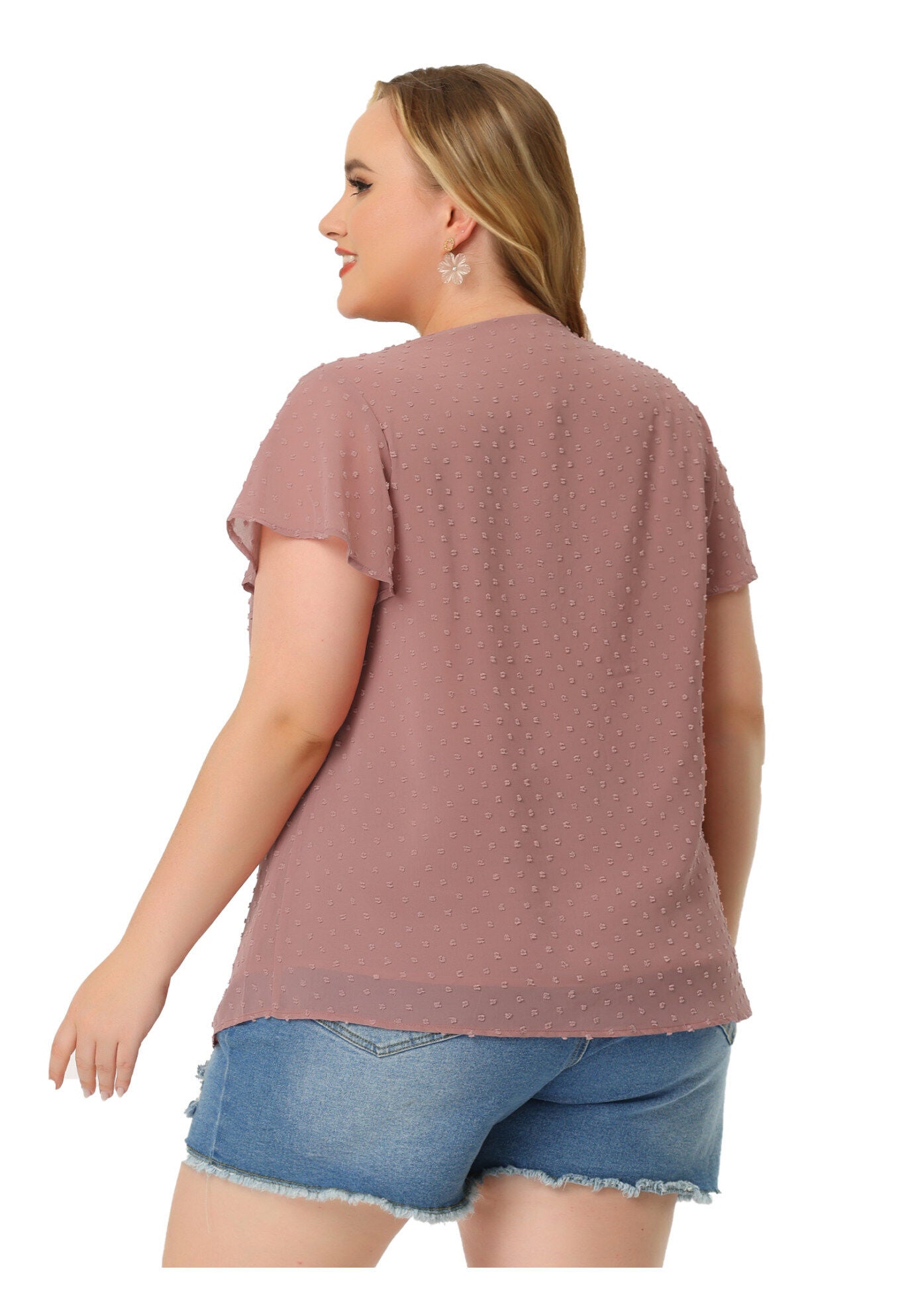 Swiss Dots Blouse V Neck Summer Short Sleeve Casual Top, Pink / Pink, alternate image number 3