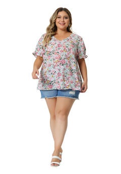 Floral V Neck Ruffle Short Sleeve Blouse Summer Top