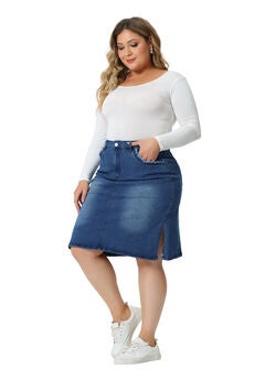 STRETCH ELASTIC WAIST SIDE SPLIT A LINE DENIM SKIRT