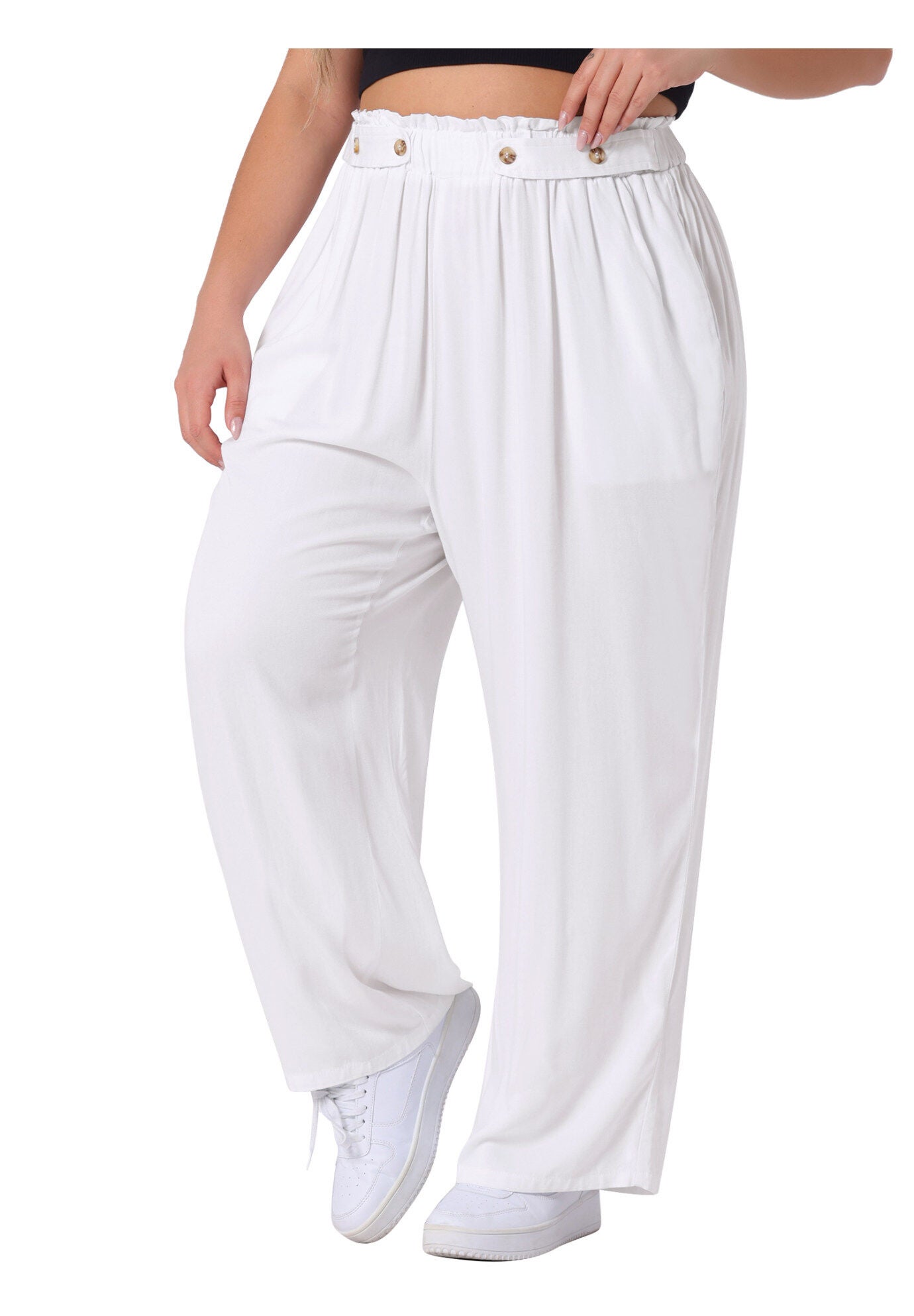 STRETCHY HIGH WAISTED WIDE LEG PALAZZO PANTS, White / White, alternate image number 2