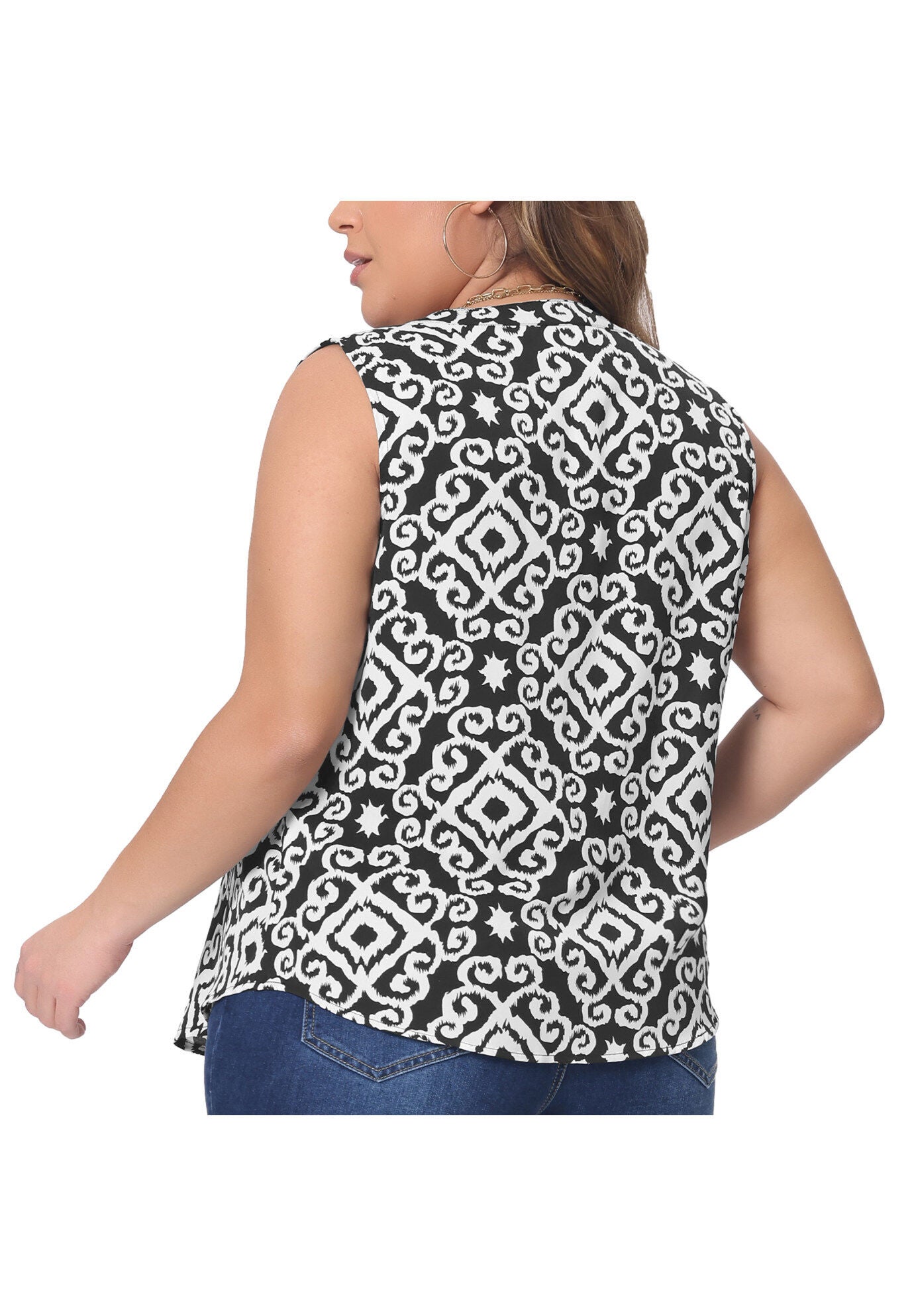 Sleeveless Floral Print V Neck Tunic Tank Top, Black / Black, hi-res image number 0