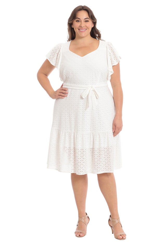 Diamond dot embroidered flutter sleeve tiered midi dress, White / White, hi-res image number 0