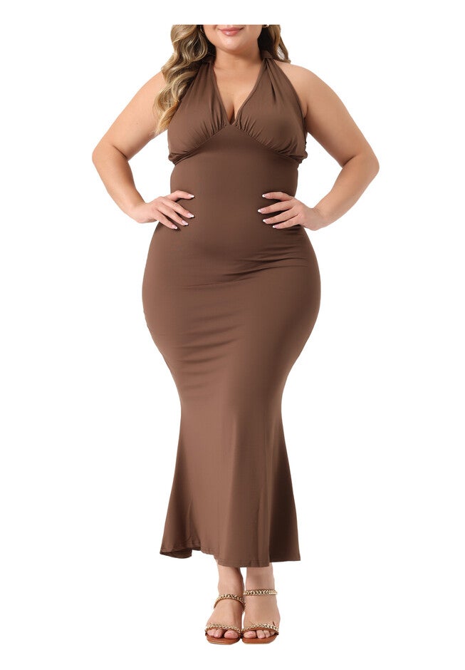 Halter V Neck Backless Cocktail Party Mermaid Evening Maxi Dress, Brown / Brown, alternate image number 1