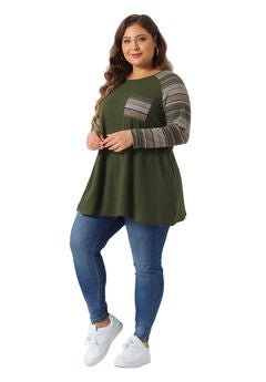 Raglan Color Block Knit Pullover Shirt Tunic Top with Pockets