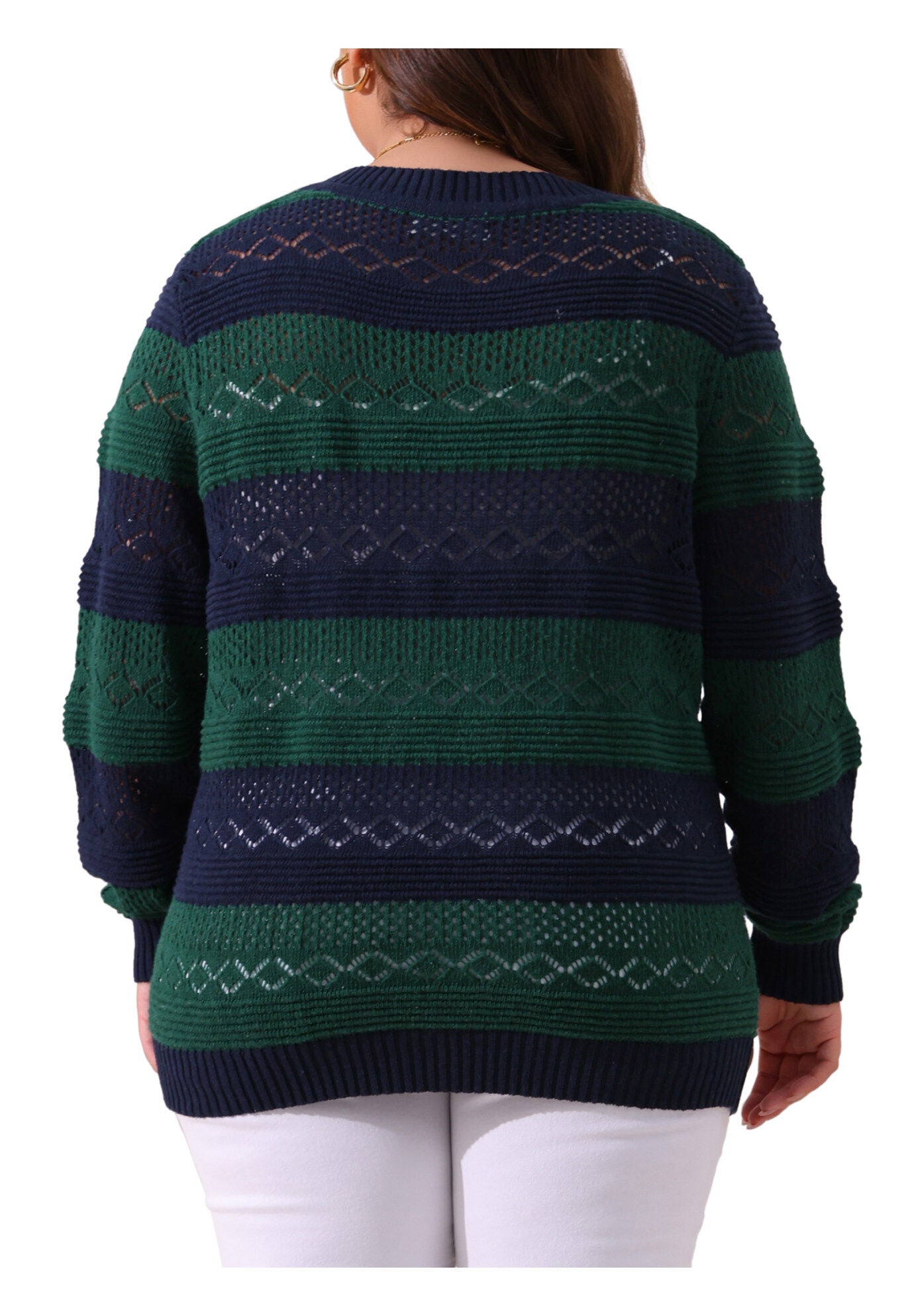 Crewneck Lightweight Hollow Knit Pullover Top, Green Blue / Navy, alternate image number 3