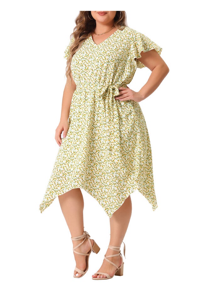 Ruffle Asymmetric High Low Midi Floral Dress, White / White, alternate image number 1