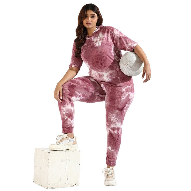 Women Peach Tye-Dye Hooded Co-Ords Set, Pink / Pink, alternate image number 1