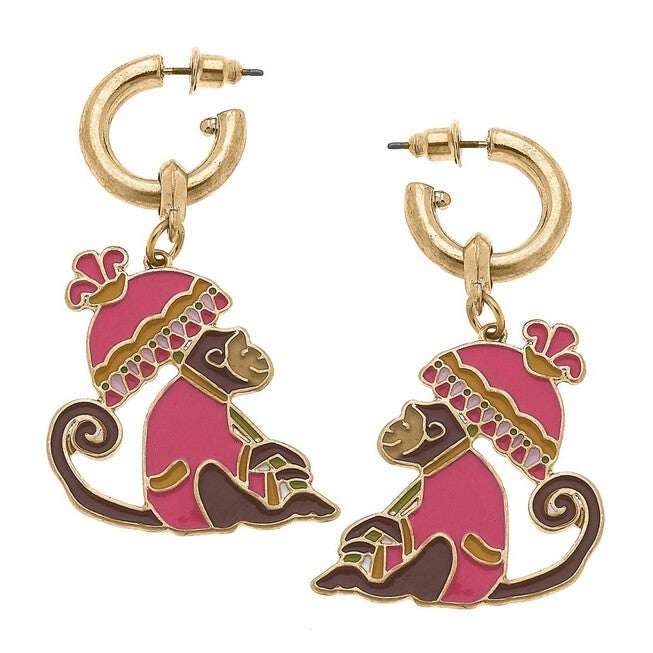 WOMEN'S REMY ENAMEL MONKEY EARRINGS IN PINK/BROWN, PinkBrown / Pink, hi-res image number null