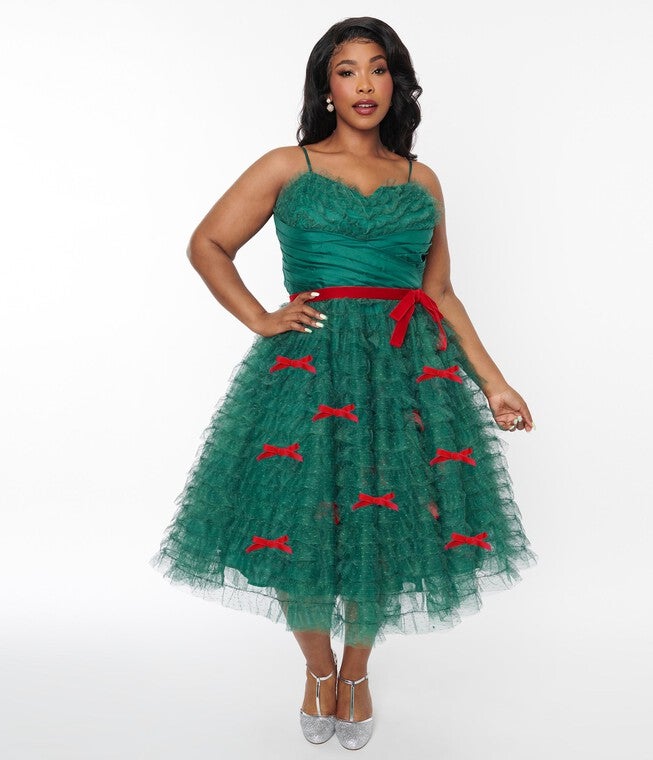 Unique Vintage Emerald Green & Red Ribbon Tulle Cupcake Swing Dress, Green Red Ribbons / Hunter Green, alternate image number 3