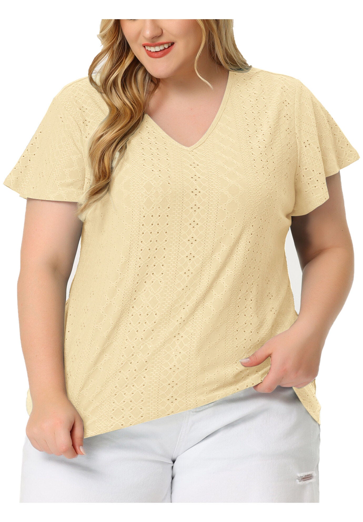 Summer Tee V Neck Hollow Flare Short Sleeve Casual Top Tunic, Yellow / Yellow, alternate image number 2