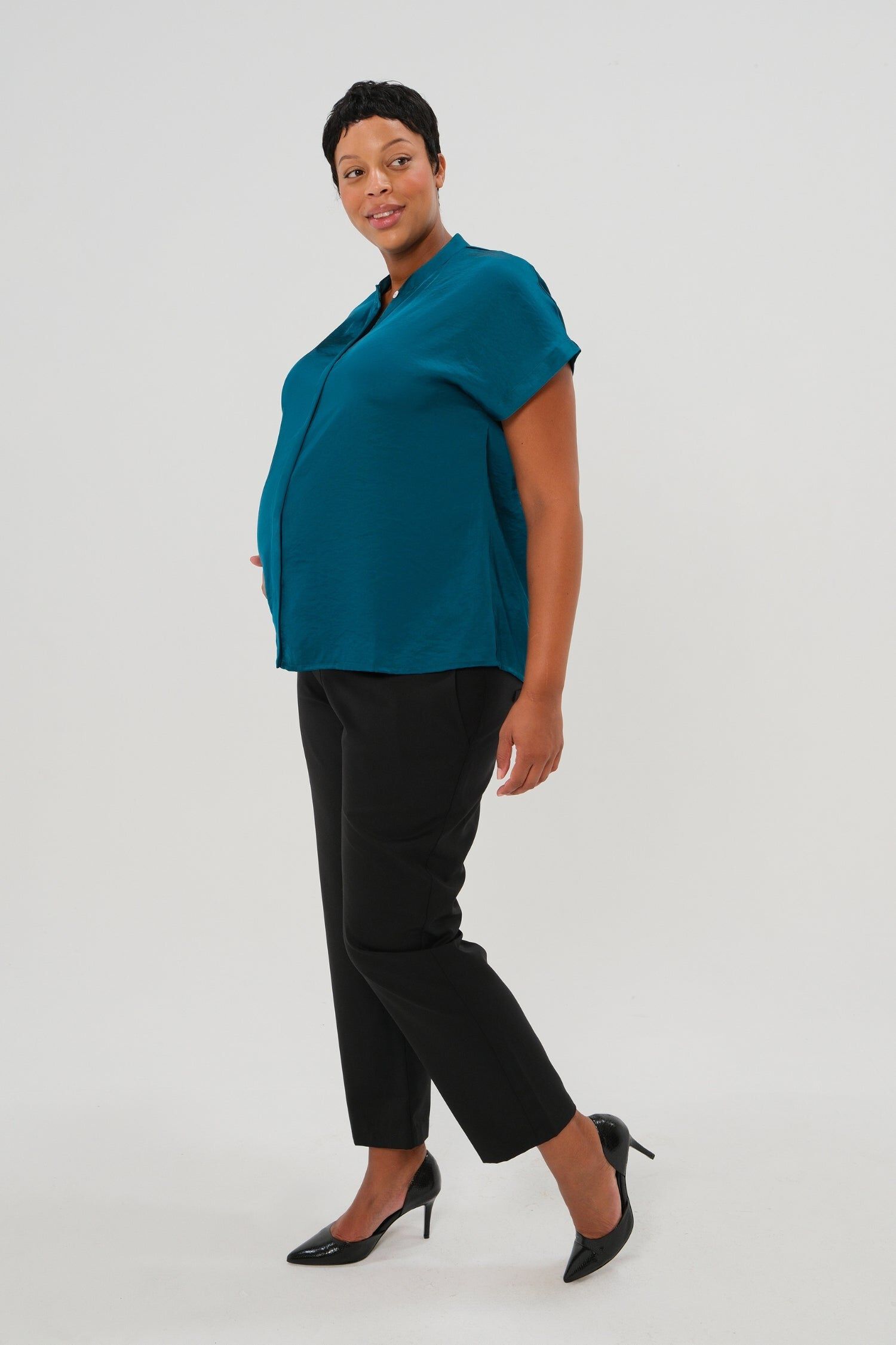 MARION Women's Short Sleeve Satin Maternity Shell Top with Concealed Nursing Zip, Peacock Green / Aqua, alternate image number 3