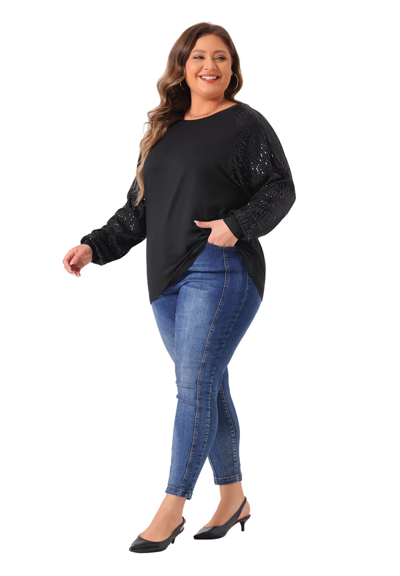 Long Sleeve Shimmer Glitter Sparkle Sequin Top, Black / Black, hi-res image number 0