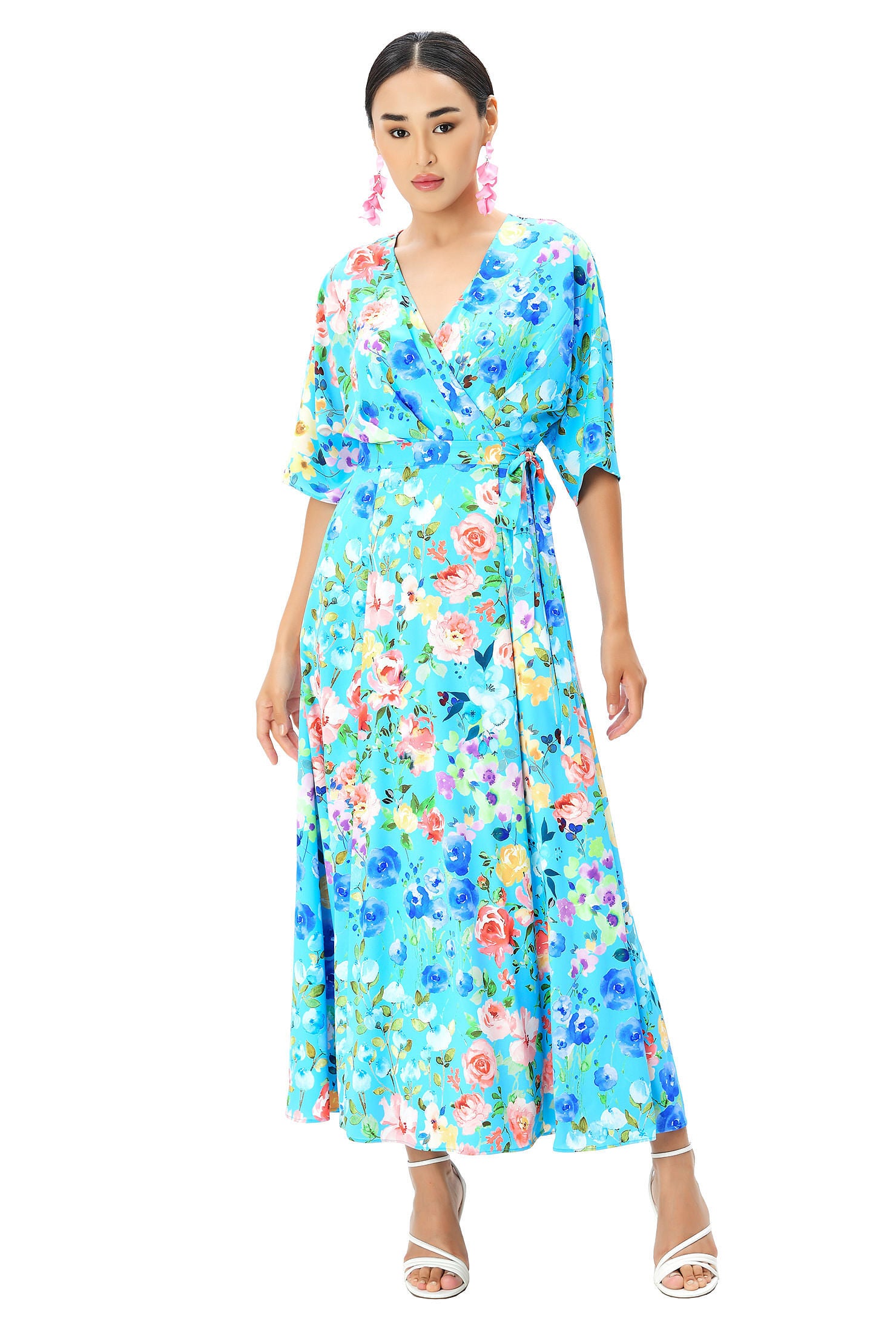 Dolman Sleeve Floral Print Crepe Wrap Dress, , alternate image number 7